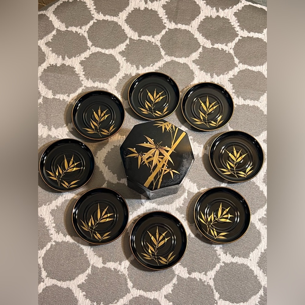 Vintage MCM Black and Gold Bamboo Plate Set/tea coaster set of 8 with box&lid